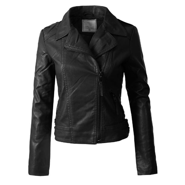 Women Faux Leather Biker Jacket Ladies Zip Stand Collar Coat Outwear Size 10-20